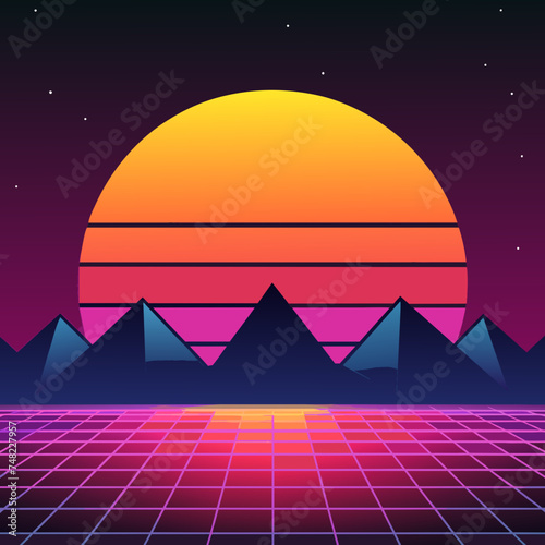 Retro background with laser grid, abstract landscape mountain with sunset and star sky. Vaporwave, synthwave 80s cyberpunk style illustration. Minimal template for poster, flyer, music cover 