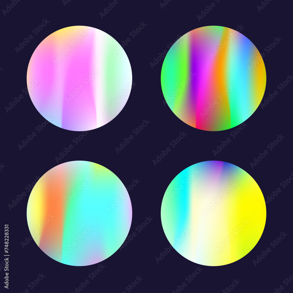 Holographic abstract backgrounds set. Gradient hologram. Vibrant holographic backdrop. Minimalistic 90s, 80s retro style graphic template for book, annual, mobile interface, web app.