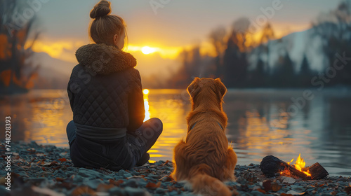 Back view of young woman and dog sitting by campfire on lake shore © colnihko