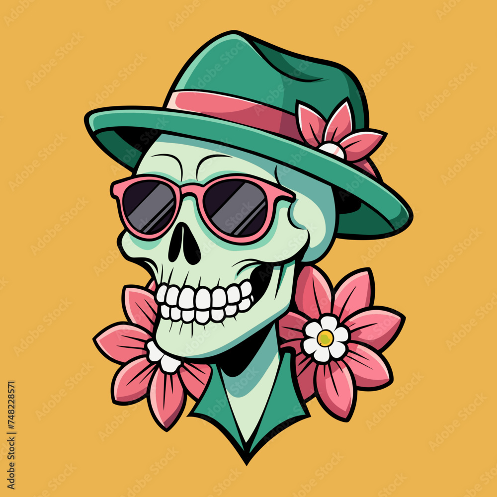 Man Skull with sunglasses and cap with flower tshirt sticker desgin
