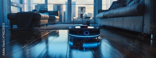 A robot is seen cleaning the floor of a living room with modern furniture in the style of tabletop photography and Afrofuturism showcasing advanced technology and intelligent living in a smart home
