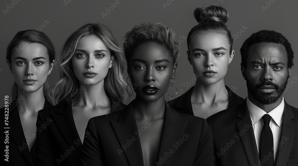 Un portrait d'équipe en noir et blanc montrant une équipe de collaborateurs jeunes, dynamiques et efficients, diversité au travail et en entreprise Un portrait d'équipe en noir et blanc montrant une équipe de collaborateurs jeunes, dynamiques et efficients, diversité au travail et en entreprise