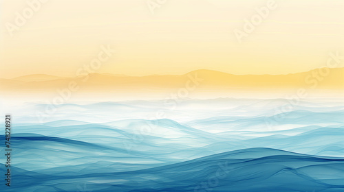 Paysage abstrait montrant un reflief montagneux dans un ciel crépusculaire, dégradé vaporeux de jaune, blanc et bleu