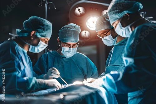 group of surgeons intensely focused on performing a procedure in an operating room at hospital, emergency case, surgery, medical technology, health care cancer and disease treatment concept photo