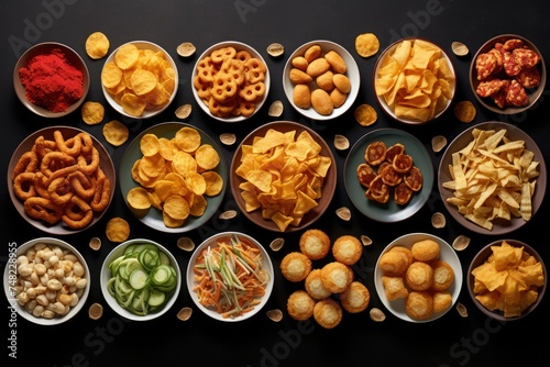 Fast food and salty snacks. Pretzels nuts and chips top view
