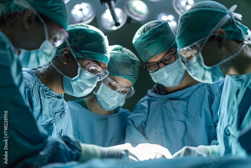 A group of surgeons including both male and female working together in an operating room at hospital, emergency case, surgery, medical technology, health care cancer and disease treatment concept