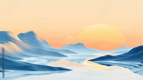Paysage abstrait montrant un reflief montagneux dans un ciel crépusculaire, dégradé vaporeux de orange pâle, blanc et bleu