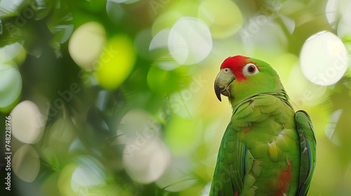 Bird in the habitat. Crimson-fronted Parakeet, Aratinga funschi, portrait of light green parrot with red head, Costa Rica. Wildlife scene from tropical nature  photo