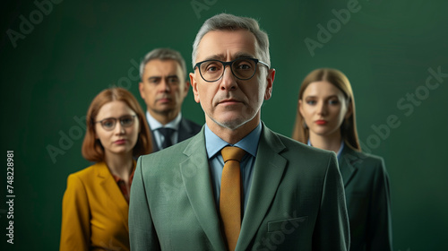 Une équipe de collaborateurs derrière leur manager, un homme respectable costumé en vert et portant des lunettes photo