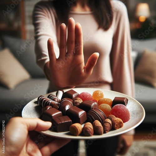 Woman on a sugar free or low carb diet, saying no to sweets and chocolate. Stopping hand sign. Refuse to eat sugar. Diabetic. Health, healthcare, nutrition. low-carbohydrate diet. Generativ AI photo