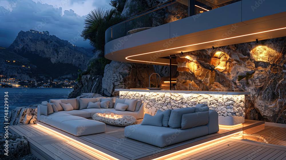 Foto de The interior of a superyacht with large outdoor lounge and