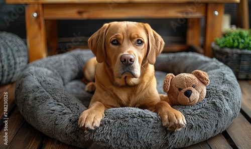Cute Labrador dog with toy lying in pet bed at home