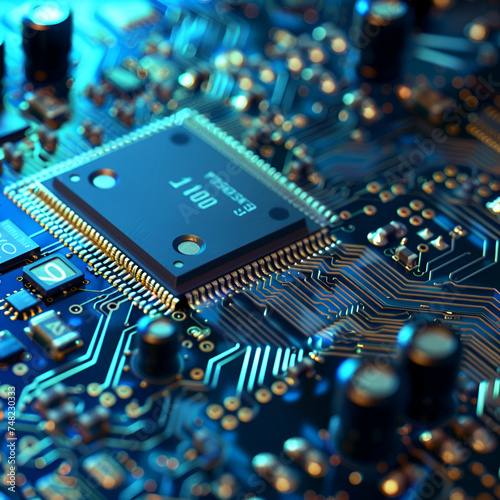 electronic circuit board with microchips, motherboard with hardware and electrical components, semiconductors