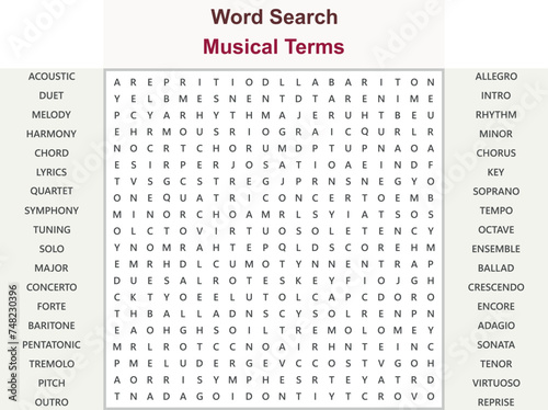 Word search puzzle vector (Word find game) illustration. Musical Terms.