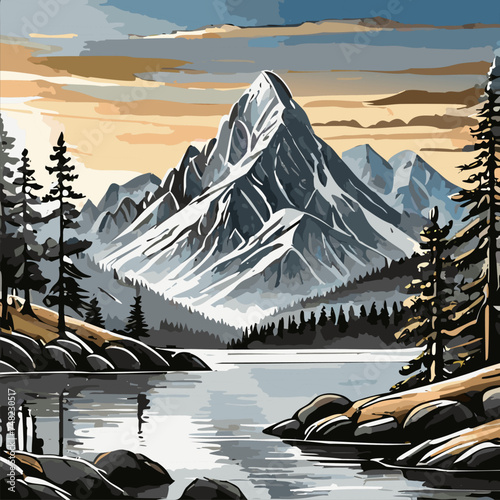 Mountain with pine trees and landscape black on white background. Hand drawn rocky peaks in sketch style