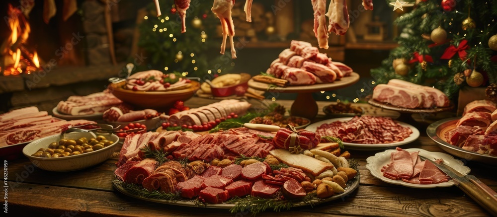 A table is covered with an assortment of meats placed on plates, showcasing a variety of cuts and types. The meats are arranged in an enticing and abundant display, ready to be enjoyed by diners. A table is covered with an assortment of meats placed on plates, showcasing a variety of cuts and types. The meats are arranged in an enticing and abundant display, ready to be enjoyed by diners.