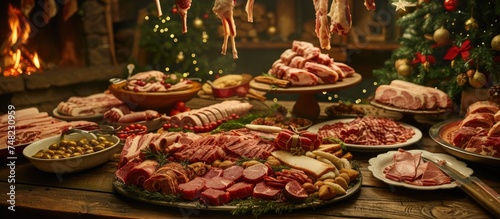 A table is covered with an assortment of meats placed on plates, showcasing a variety of cuts and types. The meats are arranged in an enticing and abundant display, ready to be enjoyed by diners.