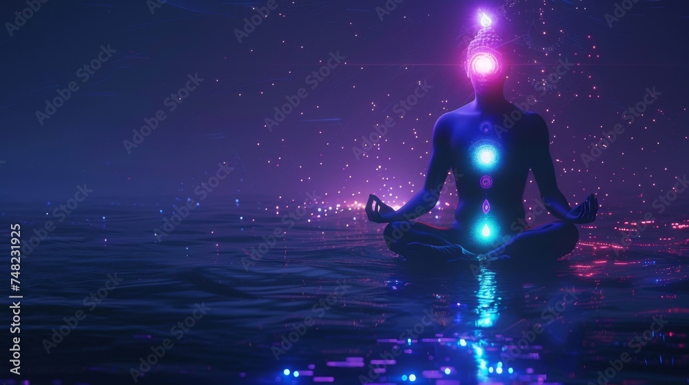 translucent blue figure of a man sitting in a meditation pose