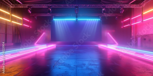 Neon lights in empty club setting with futuristic vibe. Empty dance floor with vibrant neon lighting for party scene. Modern neon light installation in industrial space with room for text.