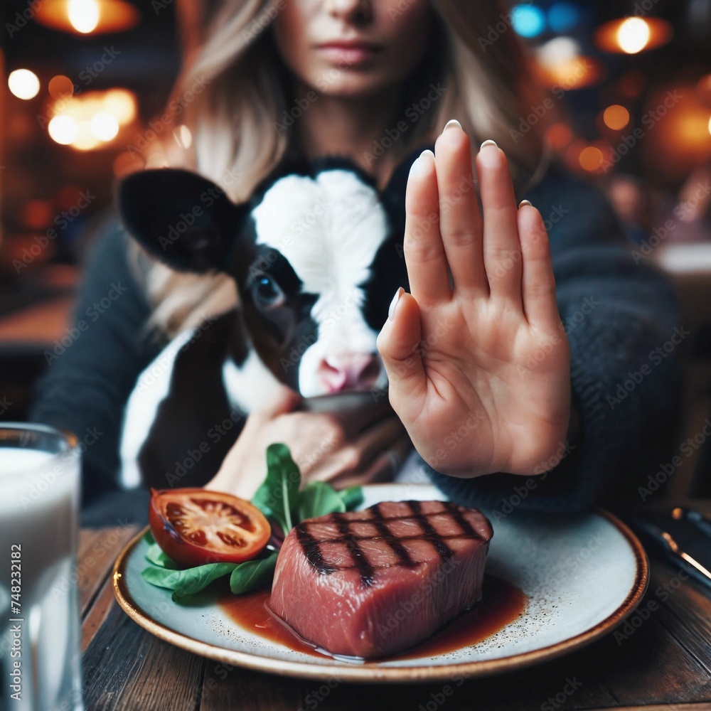 Woman says no to a dish. She embraces a calf. Vegan who cares about ...