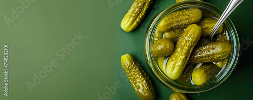 A jar of pickles and a fork on a green background. Sour and crunchy snack or side dish. Top view space to copy.
