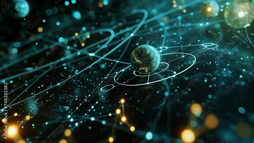 A digital visualization of an abstract network with glowing connections and orbiting spheres suggesting a futuristic representation of atomic structure or celestial bodies in space A digital visualization of an abstract network with glowing connections and orbiting spheres suggesting a futuristic representation of atomic structure or celestial bodies in space
