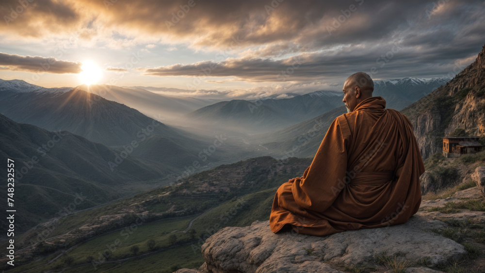 A monk dressed in traditional robes meditates on a stone overlooking a breathtaking mountain landscape against a sunset background