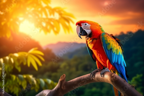 Macaw sitting on a branch . Beautiful colorful parrot in nature habitat with sunset background