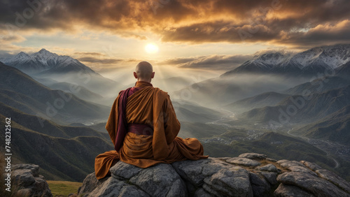 This photo shows a monk sitting on a rock and meditating in front of a breathtaking mountain scenery illuminated by the rising sun