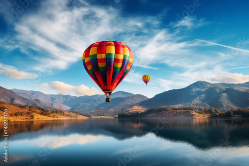 a colourful hot air balloon over a clear cloudy sky, below lakes and hills © Suhaidi