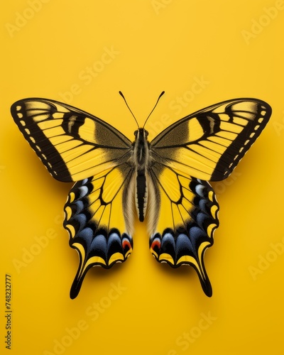 A butterfly with yellow and black wings on a yellow background in a minimal style