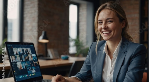 Happy young professional woman workplace head shot portrait, Cheerful businesswoman, project manager in formal suit sitting at laptop, looking at camera with toothy smile, laughing photo