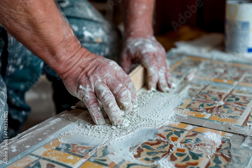 Artistry in Tiles: Skilled Tiler at Work on Mosaic Masterpiece  © Creative Valley