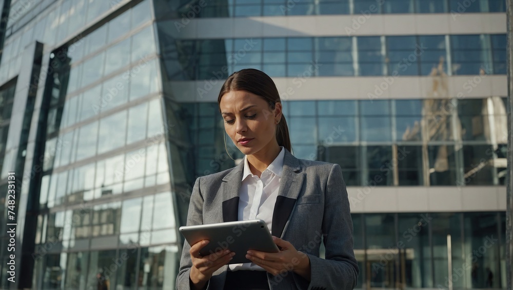 Portrait of a successful business woman using digital tablet in front of modern business building Portrait of a successful business woman using digital tablet in front of modern business building