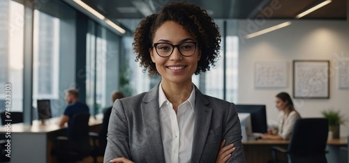  Portrait of happy millennial mixed race businesswoman professional manager consultant wearing glasses formal shirt, Friendly young lady receptionist look at camera meet client at bank corporate offic