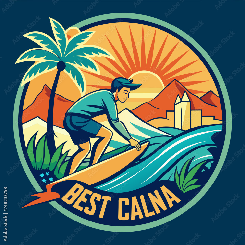 Surfing California illustration for tshirt sticker design