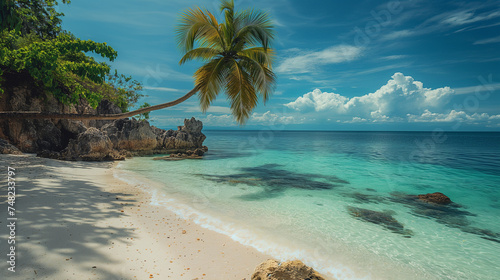 Idyllic Tropical Beach with Lush Palm tree and Crystal Clear Water philippines, south east asia landscape photo