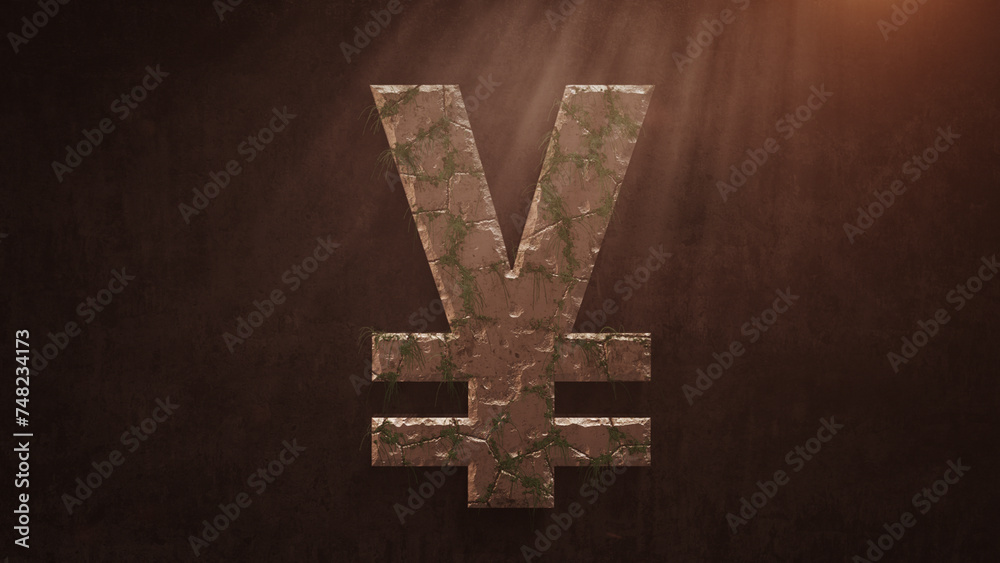 Obraz premium Yen coin logo deformed old stones and growing leaves on the old wall background.