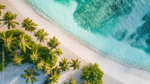 Fotografía Aerial View of a Pristine Tropical Beach with Palm Trees and Turquoise Water