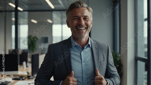 Successful joyful businessman experienced man inside office at workplace, boss in business suit smiling joyfully with hands in pockets, looking satisfied with achievement results out the window