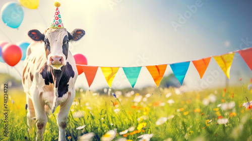Cow Wearing Birthday Hat in Field © Nelson