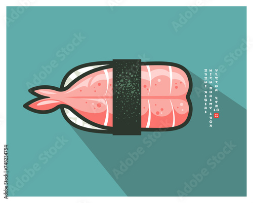 Japanese Ebi Nigiri Sushi. Rice with shrimp and nori seaweed. Icon with English text like of Japanese characters.