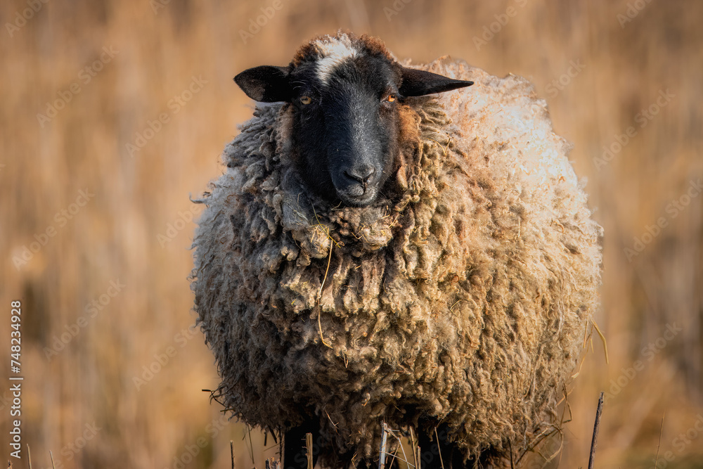 A female Romanov breed sheep looks into a camera. Romanov breeds female sheep looks right toward the camera lens. Close-up portrait of female Romanov sheep with brown background. A female Romanov breed sheep looks into a camera. Romanov breeds female sheep looks right toward the camera lens. Close-up portrait of female Romanov sheep with brown background.