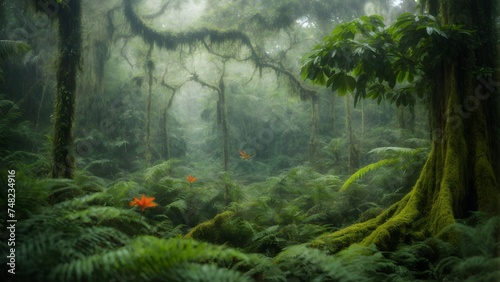 Foggy tropical rainforest with orange flowers and ferns 