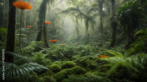 Foggy tropical rainforest with orange flowers and ferns  photo