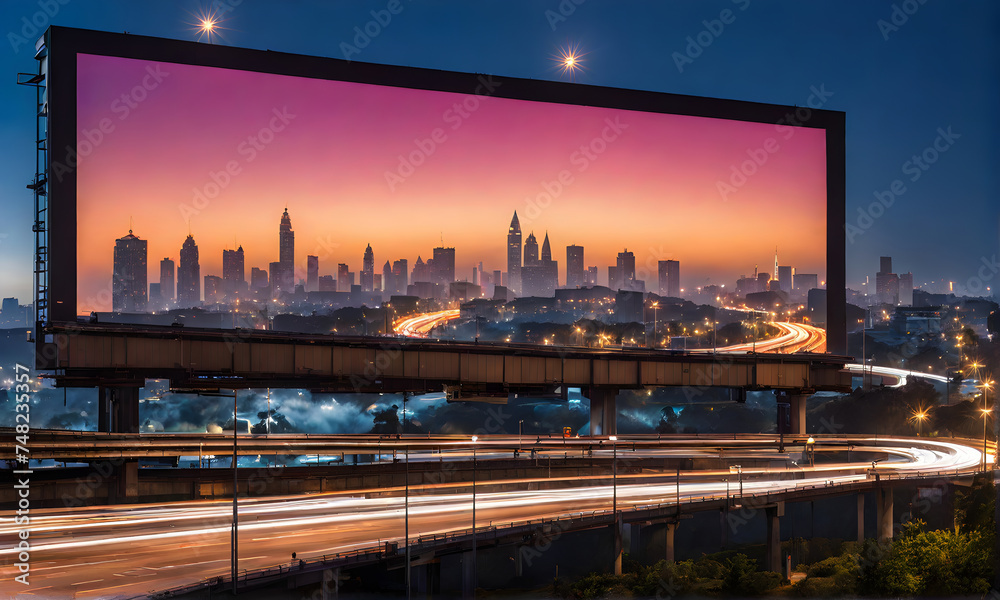 Billboard standing tall beside a bustling highway under a night sky