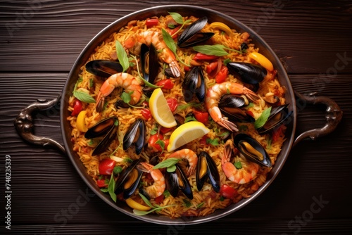 Traditional Spanish paella with seafood and chicken. Prepared in wook