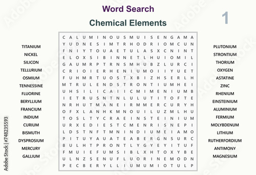 Word search puzzle vector (Word find game) illustration. Chemical elements 1