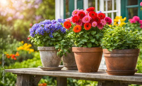 An array of terracotta flowerpots cradling an assortment of colorful flowers  captured with a shallow depth of field