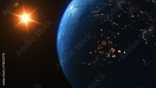 Fototapeta Naklejka Na Ścianę i Meble -  City Light Cardano Coin 3D Illustration Symbol on the Earth Background. Cardano Coin Logo on Earth Background.